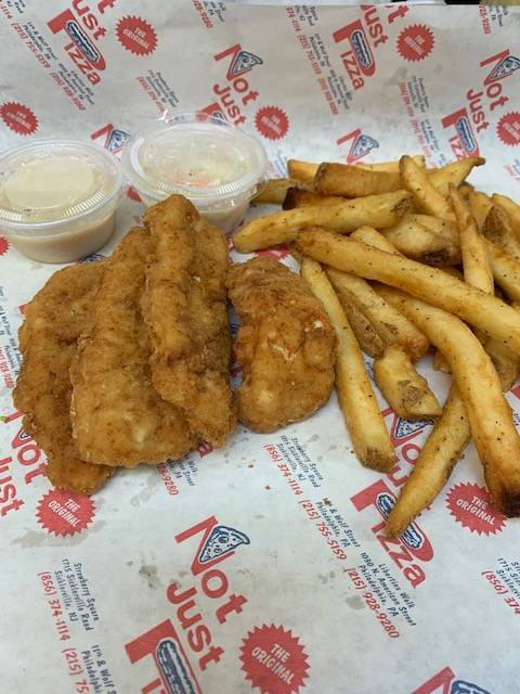 Fried fish, fries and dipping sauce on a paper tray.