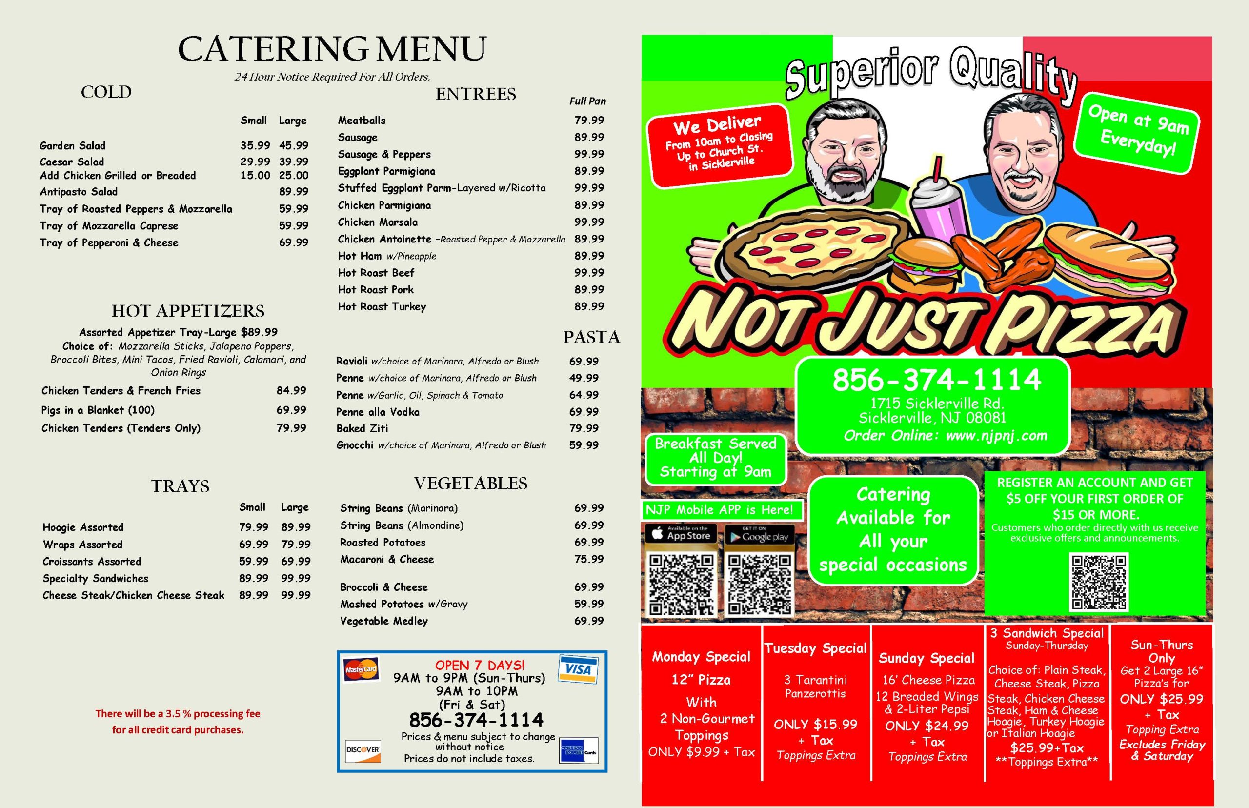 Catering menu with cold items, hot appetizers, trays, entrees, pasta, and vegetables. Includes contact info, delivery details, and special offers. Features pizza illustrations.