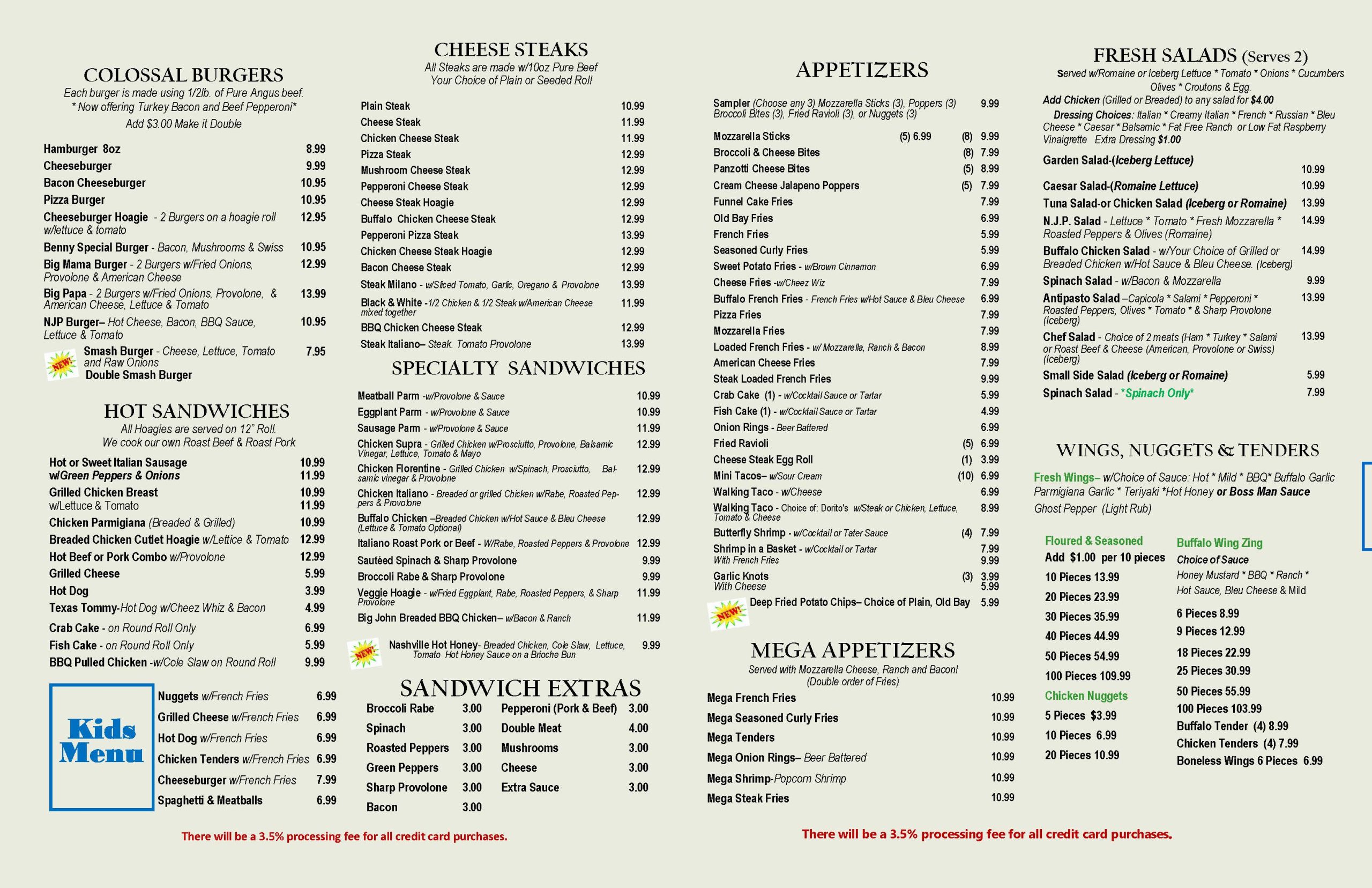 Restaurant menu featuring colossal burgers, specialty sandwiches, cheese steaks, salads, and appetizers. Includes a kids menu and notice of a 3.5% processing fee for credit card purchases.