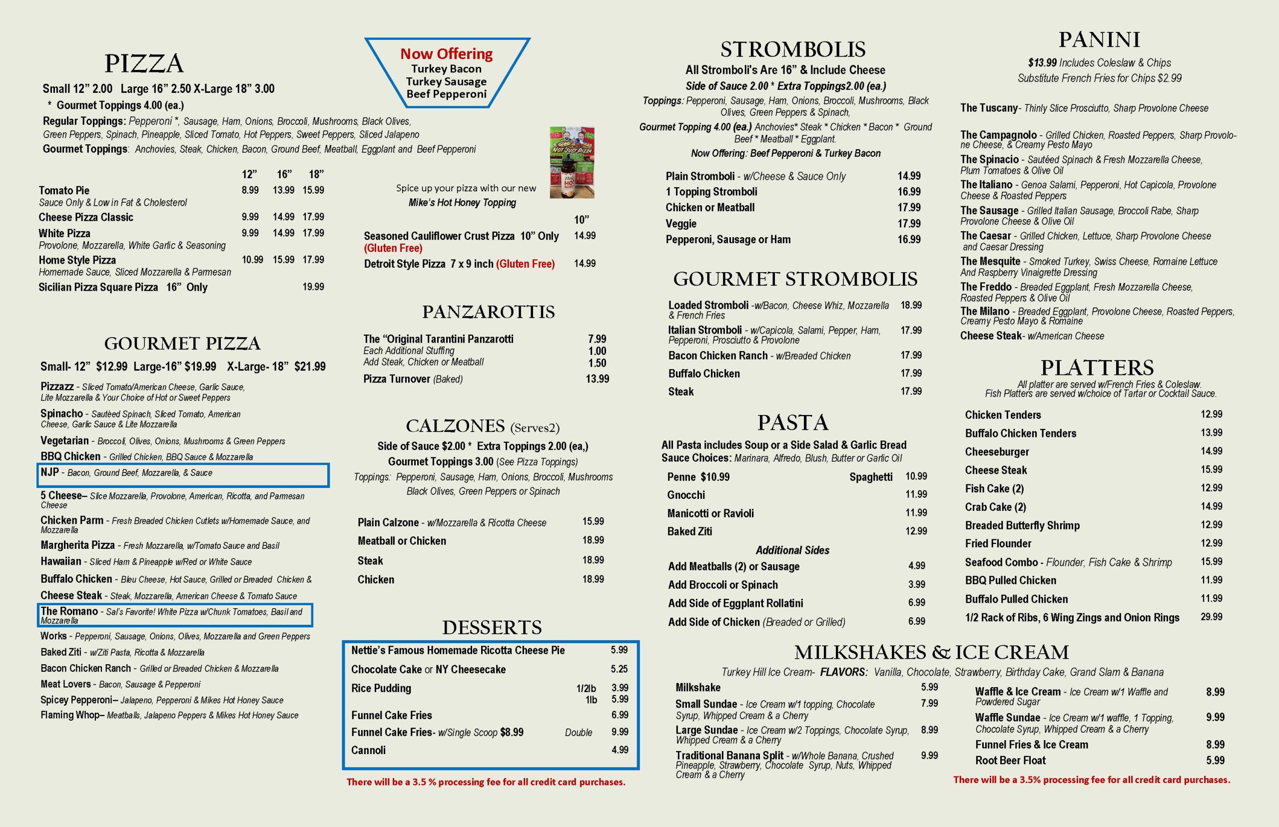 Menu featuring pizza, strombolis, panini, gourmet strombolis, panzarottis, platters, calzones, pasta, desserts, and milkshakes or ice cream, with pricing and topping options.