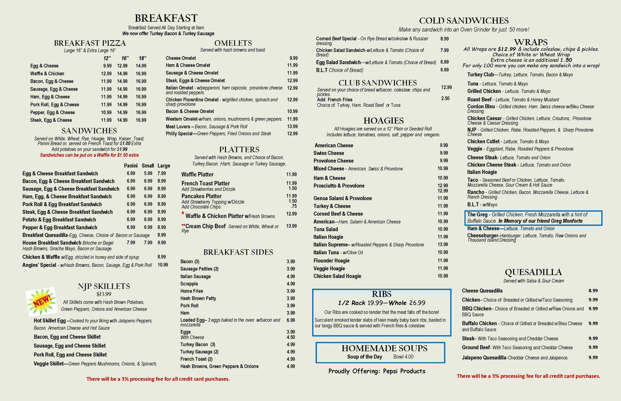 A menu for a restaurant with prices and prices.